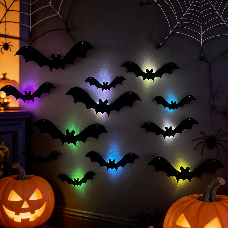 Halloween Decor Velvet Bat Stickers with LED Illuminated 3D Wall Decals for Indoor Room Decoration