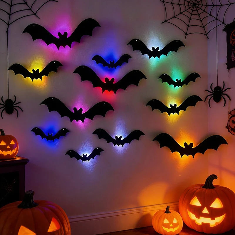 Halloween Decor Velvet Bat Stickers with LED Illuminated 3D Wall Decals for Indoor Room Decoration