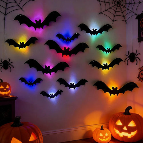 Halloween Decor Velvet Bat Stickers with LED Illuminated 3D Wall Decals for Indoor Room Decoration