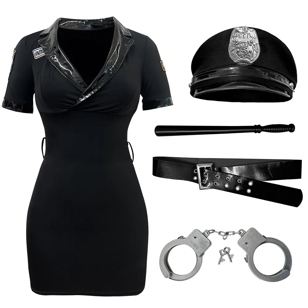 Adult Women Sexy Cop Officer TV Movie Costumes Polyester Short Sleeve Dress Outfit for Halloween Cosplay Party