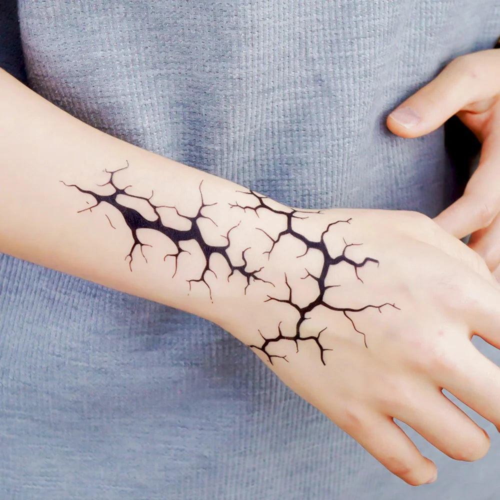 2 Sheets Large Black Lightning Line Temporary Tattoo Stickers Stylized Body Decals for Men Women Halloween Costume Party Decor