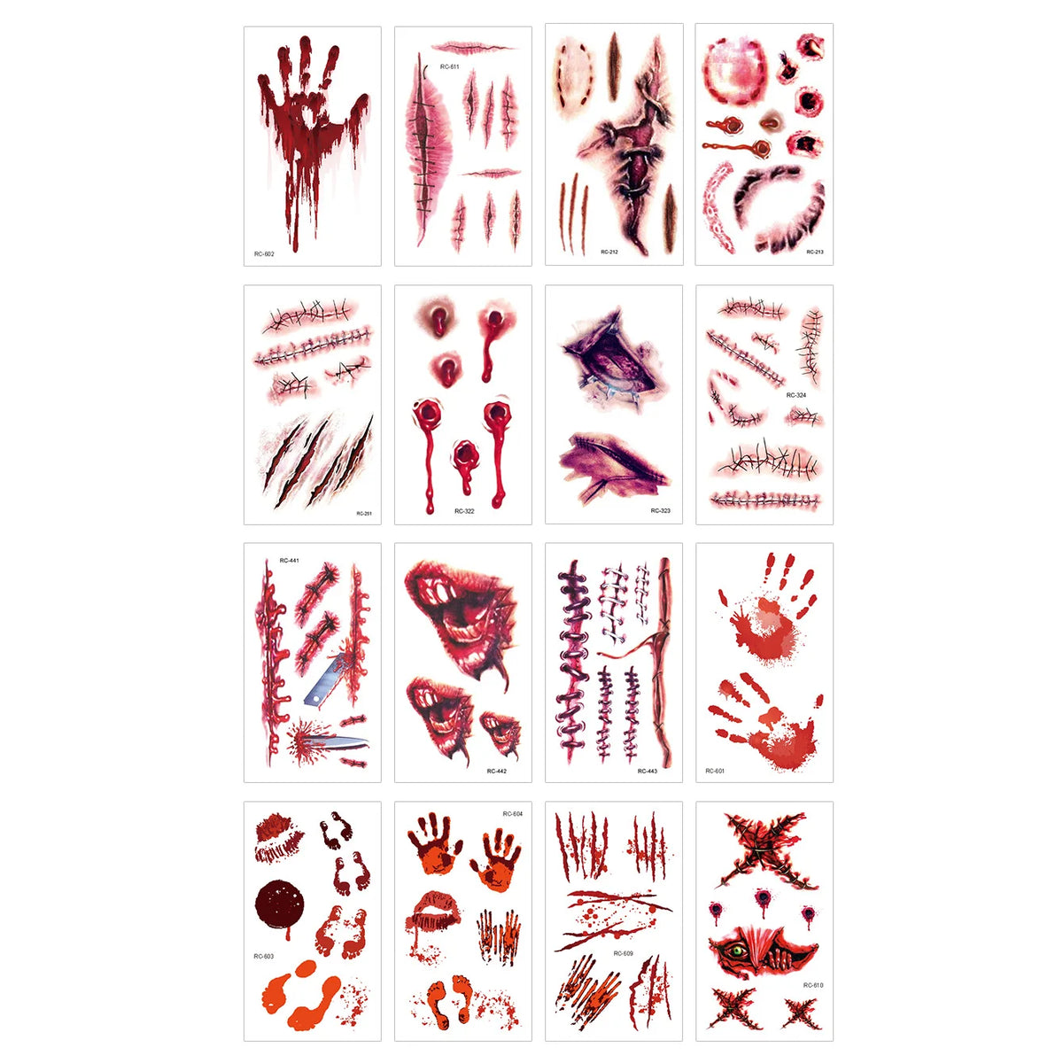 16 Pcs Halloween 3D Fake Scar Temporary Tattoos - Bloody Wound & Zombie Designs for Face/Body, Costume Party, Prank & Cosplay