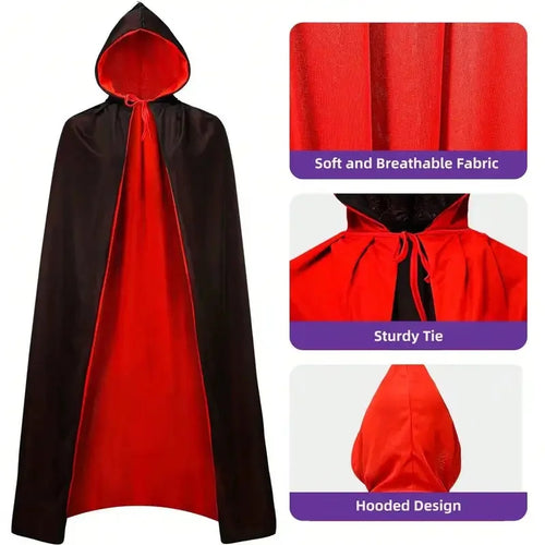 Cape Vampire Réversible à Capuche – Noir & Rouge, Col Montant, Adulte Unisexe