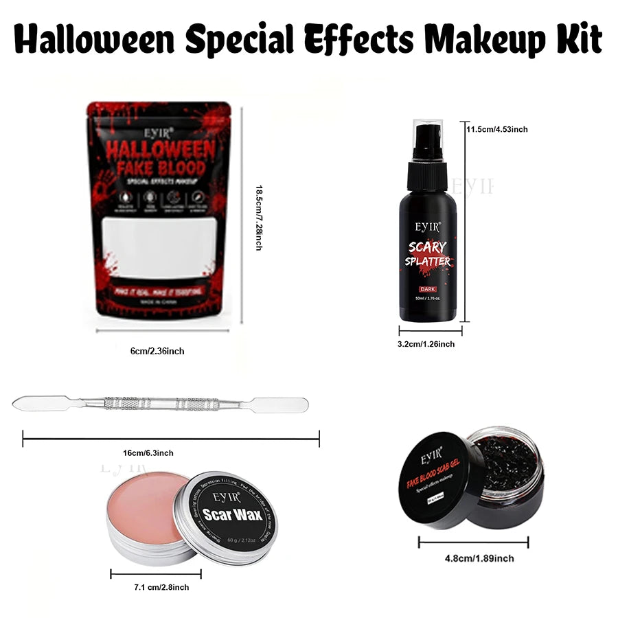 Halloween SFX Makeup Kit - Skin Wax Blood Plasma, Special Effects Scar Wax, Liquid Latex, Washable Fake Blood, Fake Blood Spray