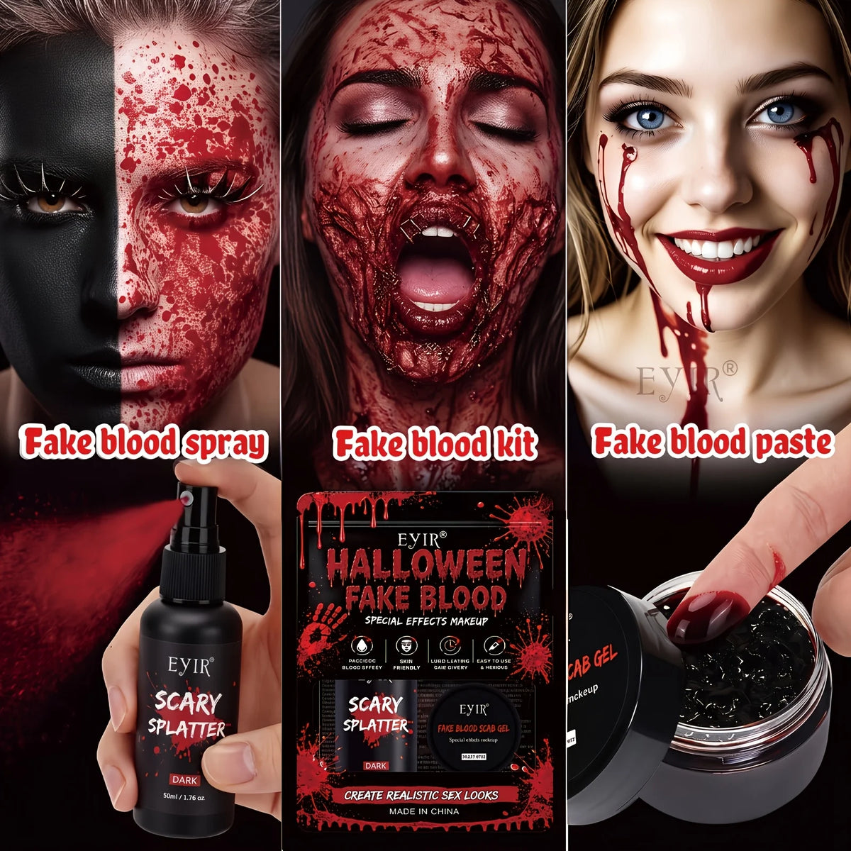 Halloween SFX Makeup Kit - Skin Wax Blood Plasma, Special Effects Scar Wax, Liquid Latex, Washable Fake Blood, Fake Blood Spray