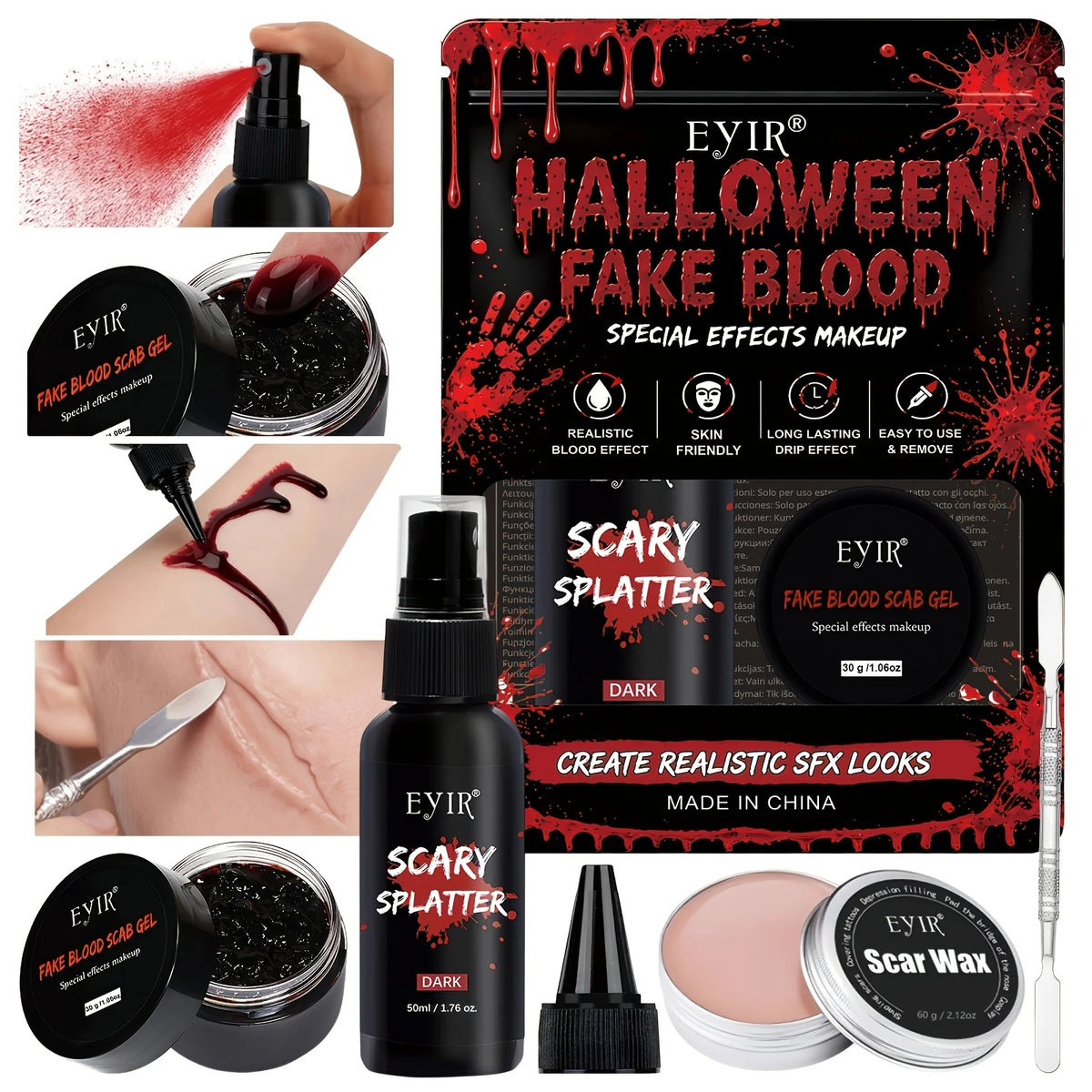 Halloween SFX Makeup Kit - Skin Wax Blood Plasma, Special Effects Scar Wax, Liquid Latex, Washable Fake Blood, Fake Blood Spray