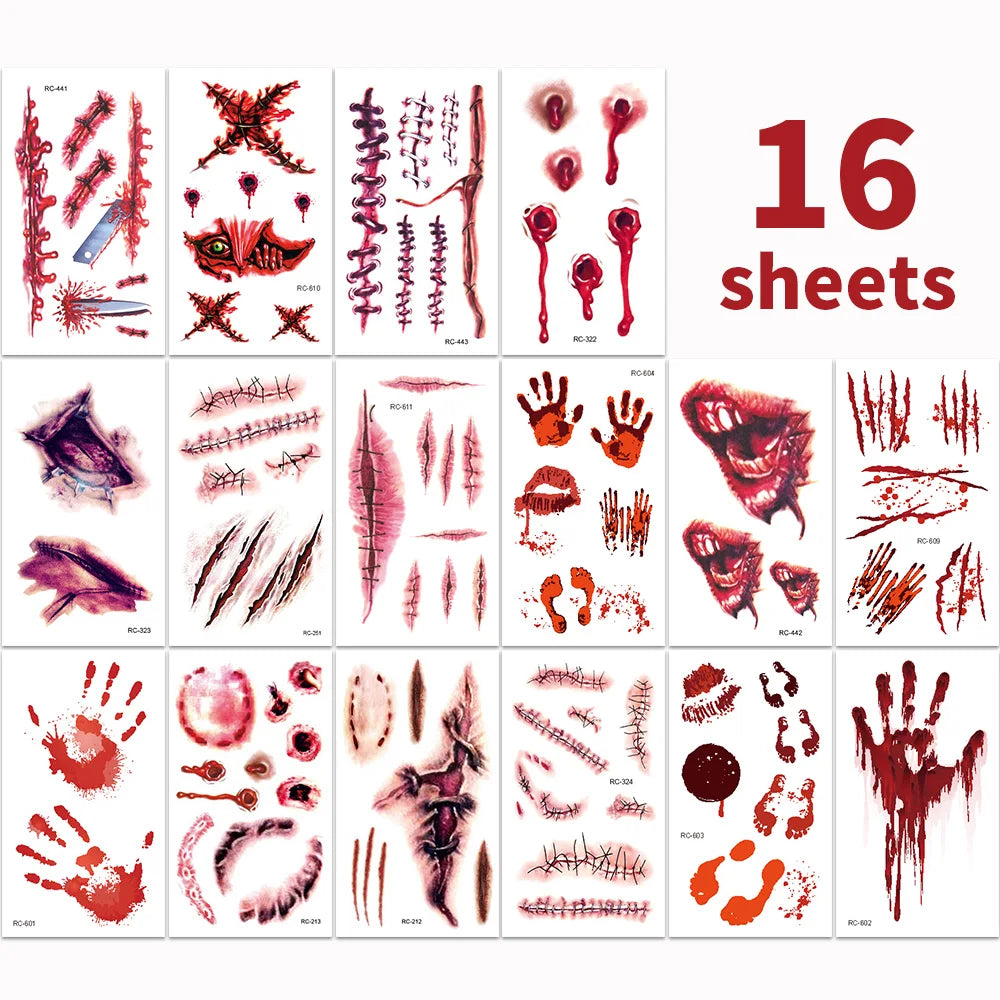 16 Pcs Halloween 3D Fake Scar Temporary Tattoos - Bloody Wound & Zombie Designs for Face/Body, Costume Party, Prank & Cosplay