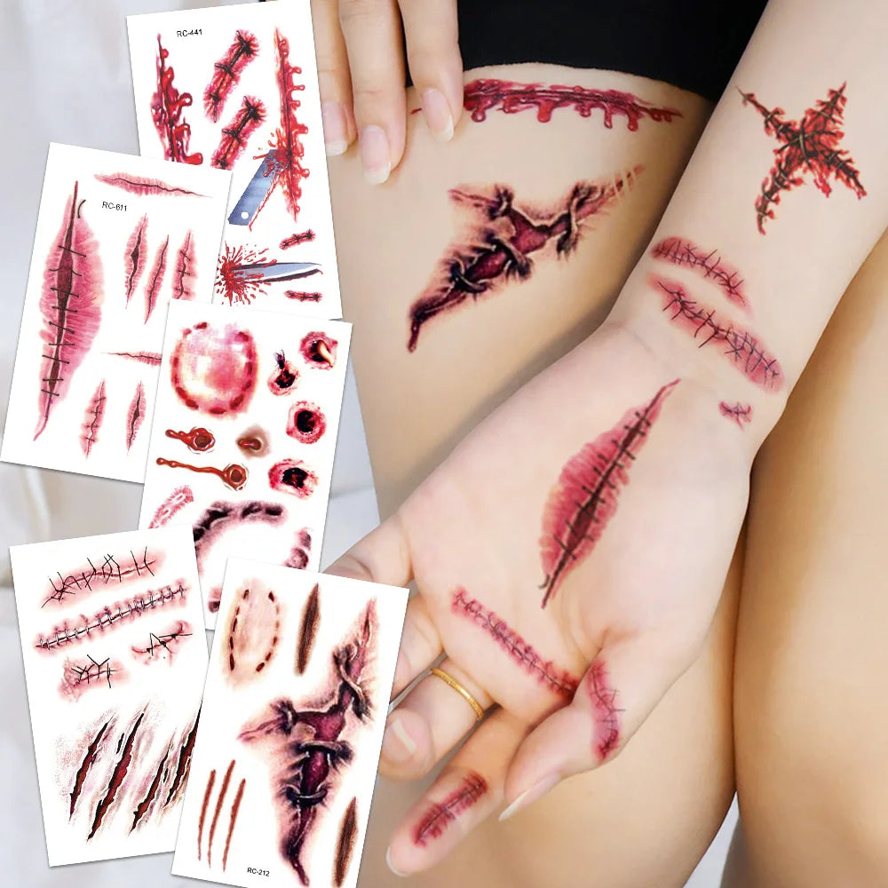 16 Pcs Halloween 3D Fake Scar Temporary Tattoos - Bloody Wound & Zombie Designs for Face/Body, Costume Party, Prank & Cosplay