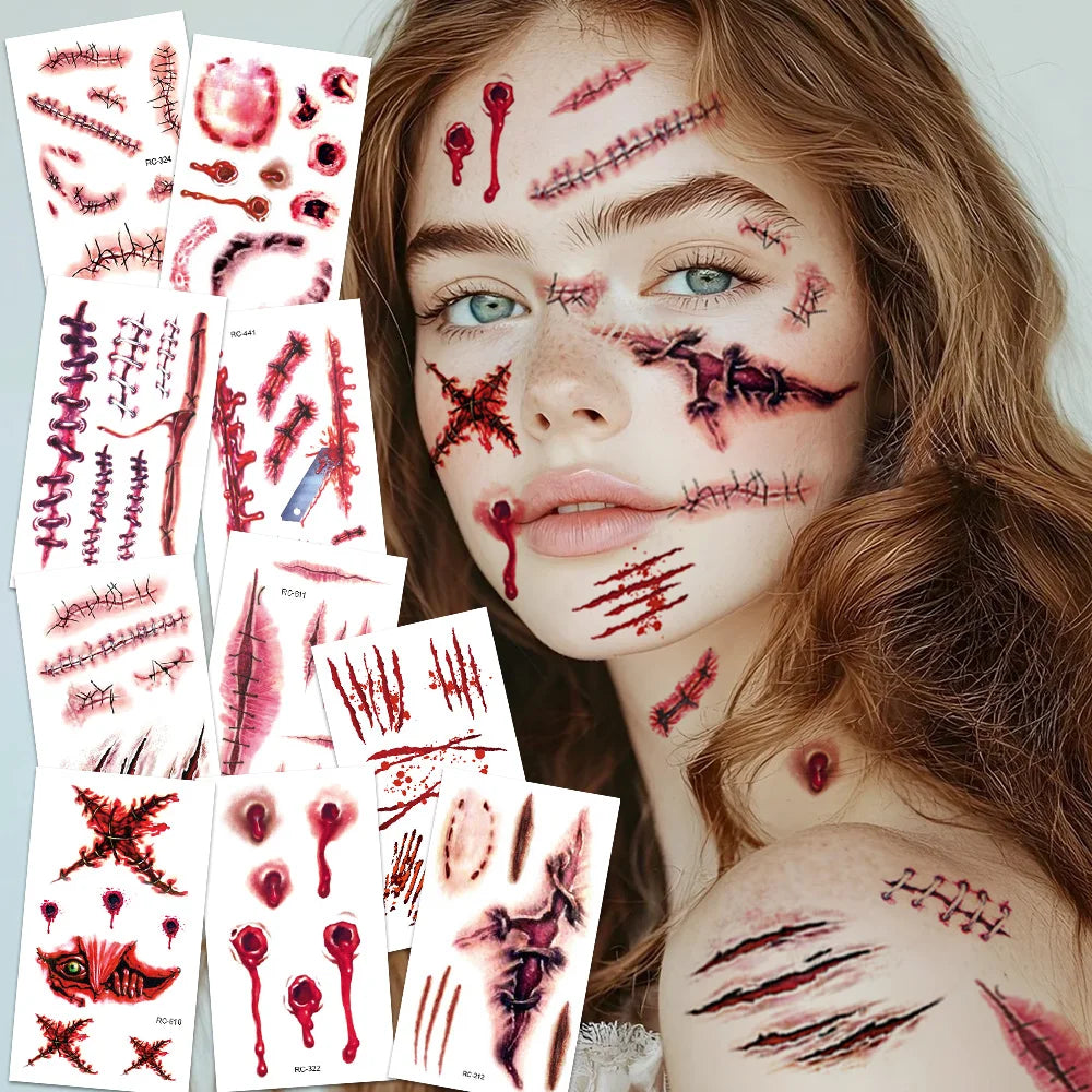 16 Pcs Halloween 3D Fake Scar Temporary Tattoos - Bloody Wound & Zombie Designs for Face/Body, Costume Party, Prank & Cosplay